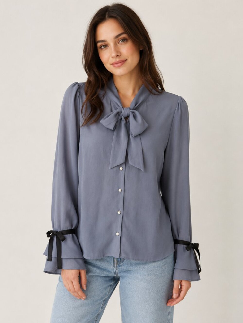 By Bomi Dusty Blue Tie-Neck Blouse with Black Ribbon Cuffs